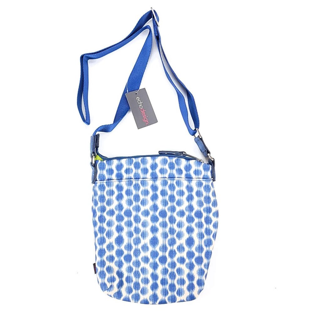 Echo Design Blue White Ikat Polka Dot‎ Crossbody Bag Lime Green Lining NWT